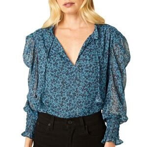 Misa Los Angeles Siena Blue Ditsy Floral Gold Lurex Stripe Peasant Blouse L
